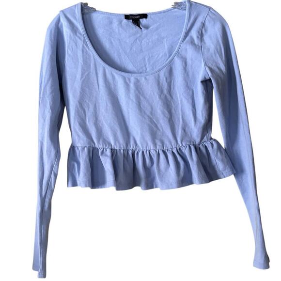Forever 21 Baby Blue Long-Sleeve Top - Scoop Neck, Ruffled Peplum, Y2K Style - Picture 1 of 5